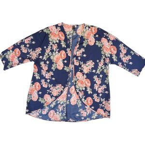 Emery Rose Cardigan 2XL Peach Rose Floral Print Open Front Boho Kimono Duster